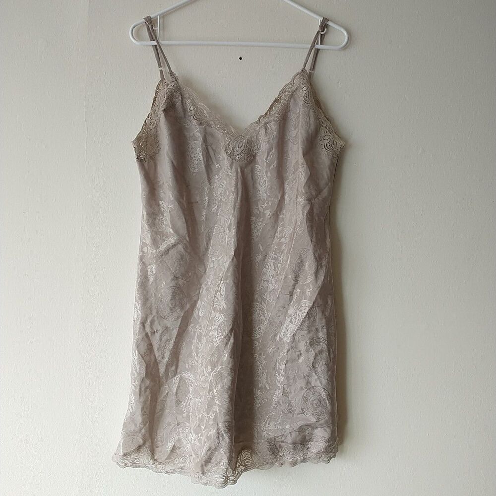 Vtg Victorias Secret Gold Label Mini Slip Dress L Beige Lace Floral